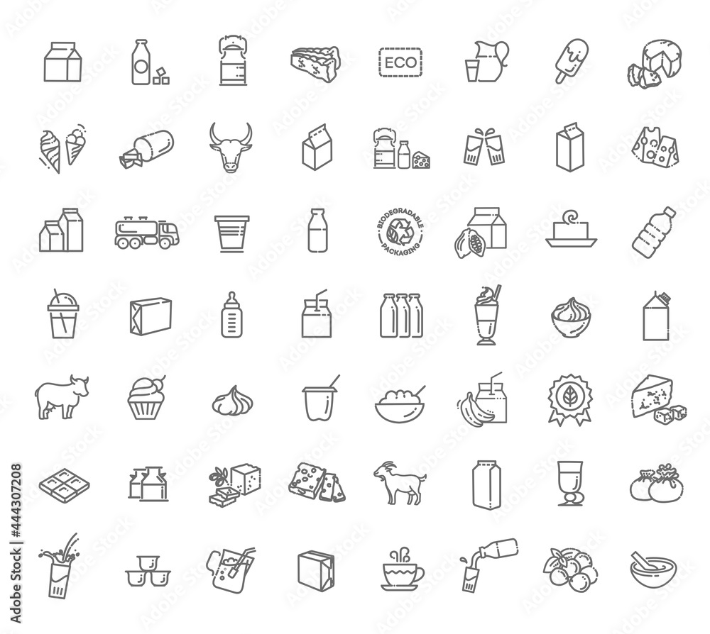 Set of icons for milk. Milk products line icon set