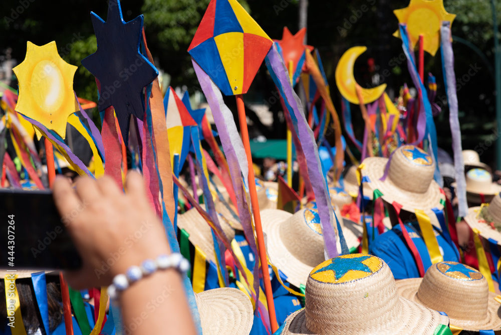 Obraz premium Título Arraial do Pavulagem is a musical group that develops an artistic and cultural movement that occupies the streets of Belém do Pará with its popular and colorful processions in June and October