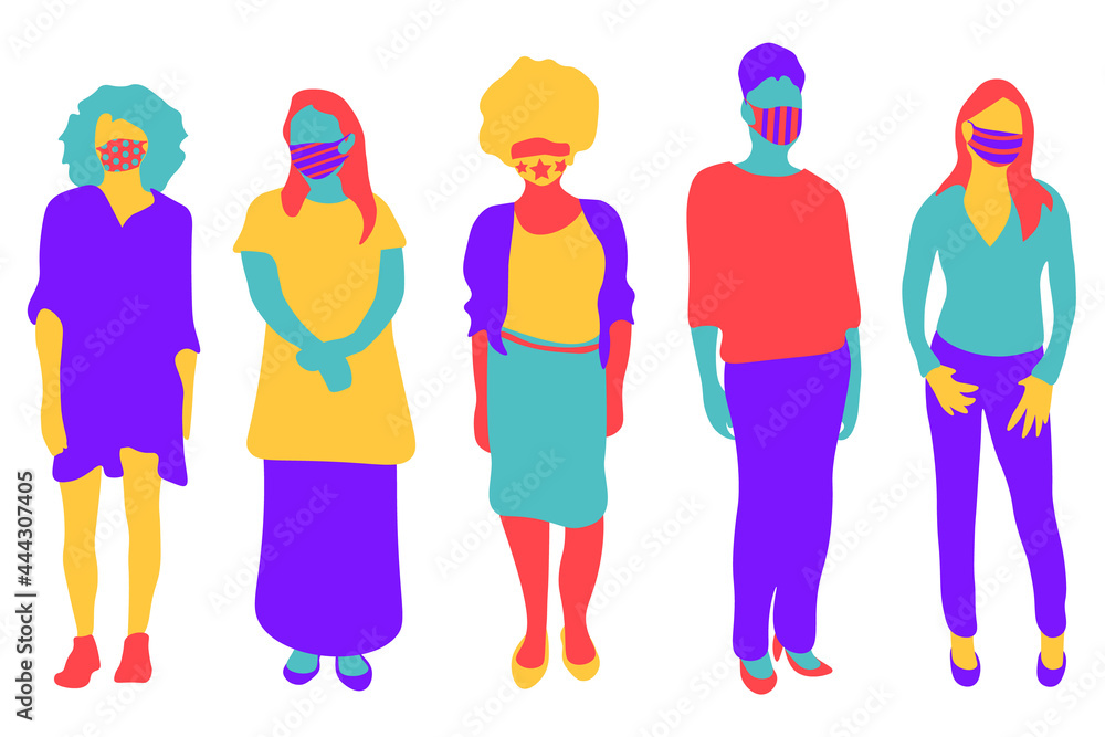 Obraz premium Beautiful trendy women wearing stylish surgical mask. Fashionable protection from virus, flu, pollution. Flat colourful illustrations of stylish women isolated on transparent background. 