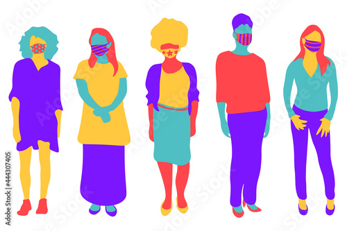 Beautiful trendy women wearing stylish surgical mask. Fashionable protection from virus  flu  pollution. Flat colourful illustrations of stylish women isolated on transparent background. 