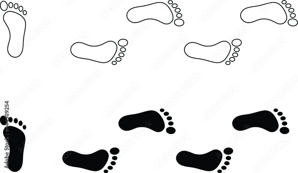 Barefoot Prints Walking - Outline and Silhouette Clipart Set