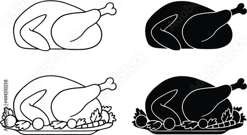 Turkey Dinner Outline & Silhouette Drawing Set - Vector Clipart