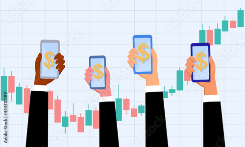 Hands holding smartphone with candlestick stocks market trading graph background ,young money investing concepts,internet earning cash study,buy and sell sign figures, winning plenty of money,vector