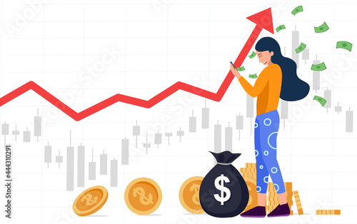 Women trading stocks market on smartphone get profits,Candlestick graph buy and sell sign, young girl  investing concepts,internet earning cash study, winning plenty of money, vector illustration