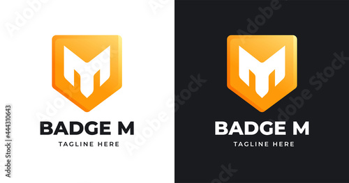 Letter M logo design template with badge shape style