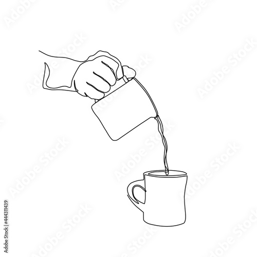 continuous line drawing of hand pouring coffee to the mug. hot coffee lineart with active stroke.