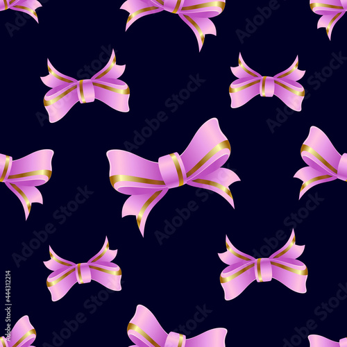 Pink ribbons on a black background. Seamless pattern for printing on textiles, packaging. Vector, illustration