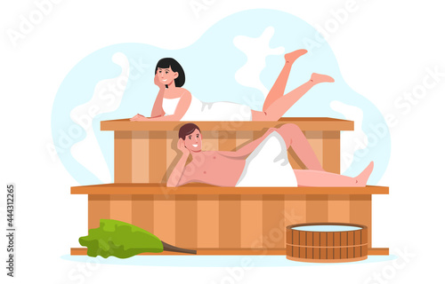 Young smiling male and female characters are spending time in sauna together
