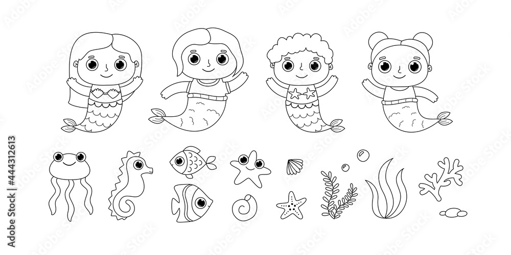Little mermaid fish and jellyfish colouring page Little mermaid fish and jellyfish colouring page