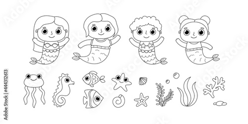 Little mermaid fish and jellyfish colouring page