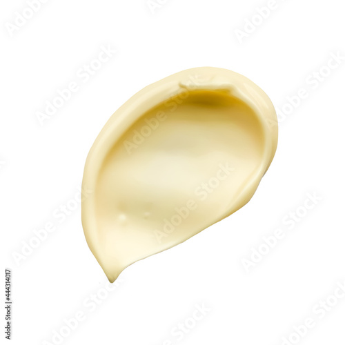 Mayonnaise drop and splash. White sause isolated stain top view. Elements for design in food or cosmetic sphere. High resolution photo.