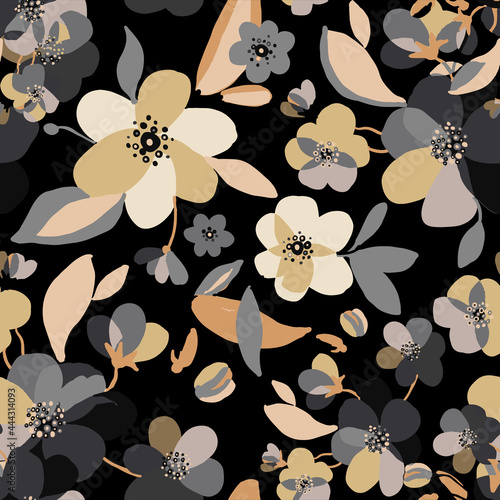Watercolor drawn gold and grey floral pattern. Seamless natural texture with blossom cherry tree branches. Hand drawn japanese flowers on dark black background. Vector illustration
