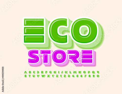 Vector Colorful Banner Eco Store. Trendy Bright Font. Artisic Alphabet Letters and Numbers photo