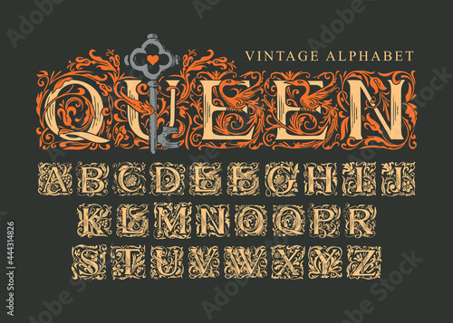 The word Queen with old key on black background. Vintage Alphabet, vector set of hand-drawn ornate initial alphabet letters. Luxury design of Beautiful royal font for card, invitation, monogram, logo