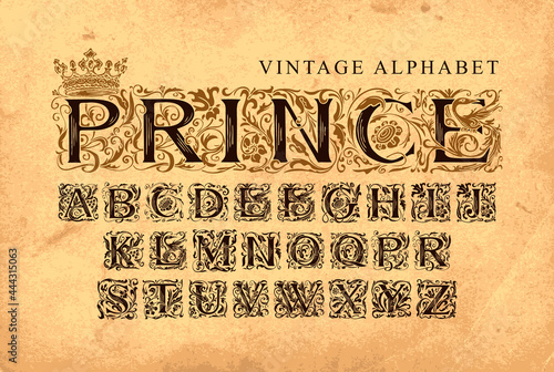 The word PRINCE decorated with crown. Vector set of hand-drawn initial letters on an old paper background. Vintage Alphabet. Luxury design of Beautiful ornate font for card, invitation, monogram,label