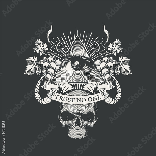 Vector coat of arms with Masonic symbol of All-seeing eye of God, grapes, rams horns and skull on black backdrop. Black-white banner in retro style with eye of Providence and inscription Trust no one