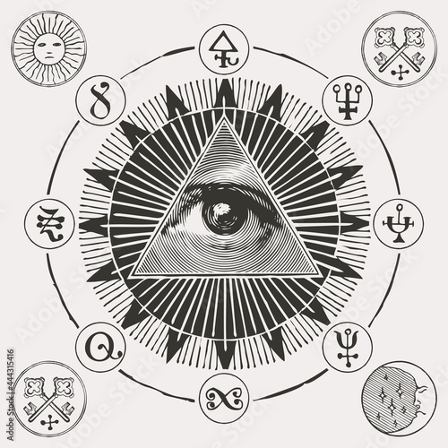 Vector banner with an all-seeing eye of God inside the Sun, Masonic, alchemical and esoteric symbols. Hand-drawn illustration of mascot in the form of a circle with a third eye, magic signs and runes