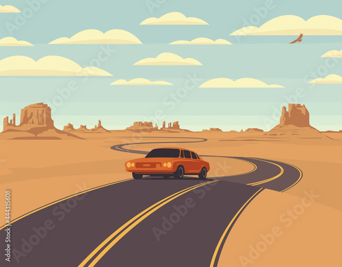 Vector landscape with a highway and a single passing car in the desert with mountains and clouds in the sky. Colored cartoon illustration with a barren American scenery and an endless winding road