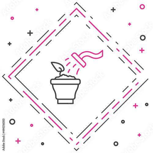Line Spraying a house plant with a spray gun icon isolated on white background. Moistening of foliage. Care for home flowers. Colorful outline concept. Vector