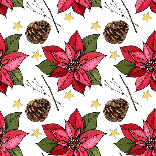 Photos Art & Illustration Seamless pattern on white with poinsettia, branches, star, co