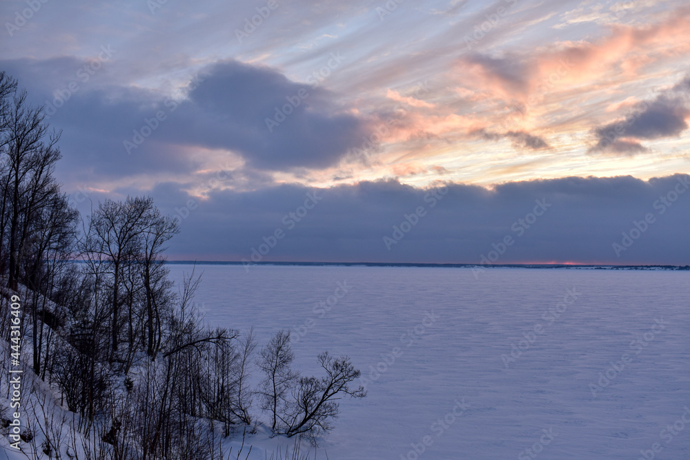 Beautiful sunset on the Volga in winter