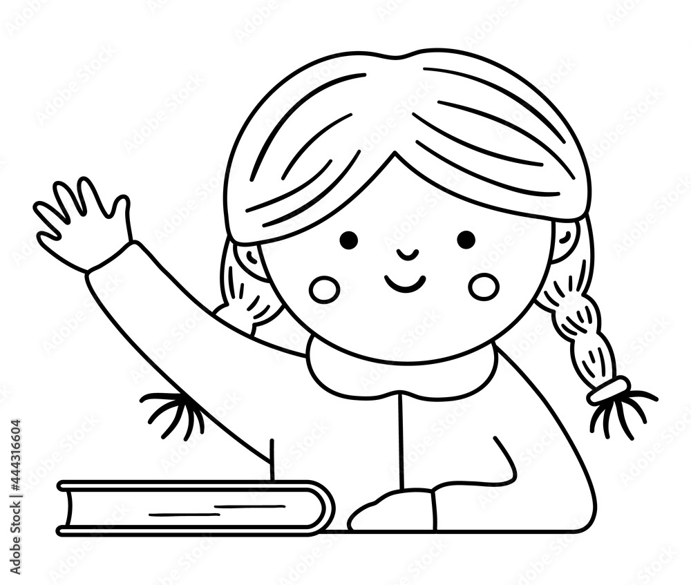 Vector black and white happy schoolgirl with hand up. Elementary contour school classroom illustration. Outline clever kid in glasses at the lesson. Line girl ready to answer . Vector black and white happy schoolgirl with hand up. Elementary contour school classroom illustration. Outline clever kid in glasses at the lesson. Line girl ready to answer .
