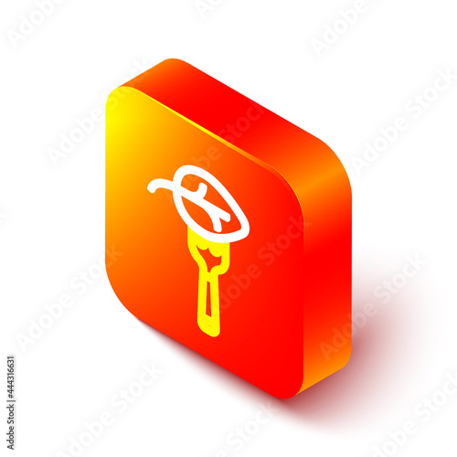 Isometric line Vegan food diet icon isolated on white background. Organic, bio, eco symbol. Vegan, no meat, lactose free, healthy, fresh and nonviolent food. Orange square button. Vector