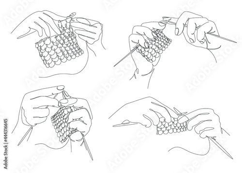 Collection. Knitting with threads. Hands of man, woman in modern trendy style with one line. Solid line, outline for decor, posters, stickers, logo. Vector illustration set.