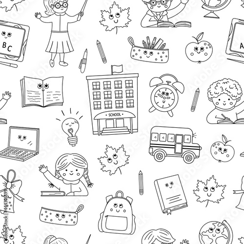 Back to school black and white vector seamless pattern. Educational outline digital paper. Cute line classroom objects background or coloring page with teacher, pupils, kawaii elements..