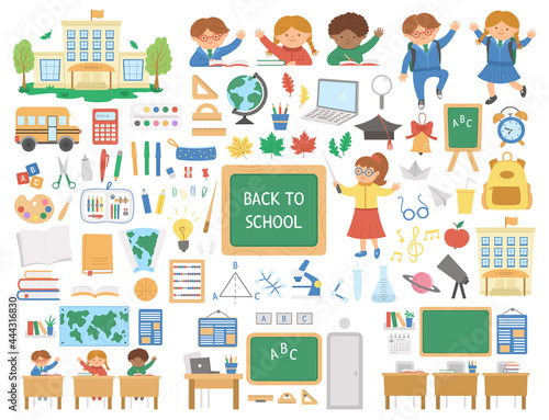 Big back to school vector set of elements. Giant educational clipart collection. Cute flat style classroom objects with supplies, school building, bus, subject icons, pupils, teacher, classroom