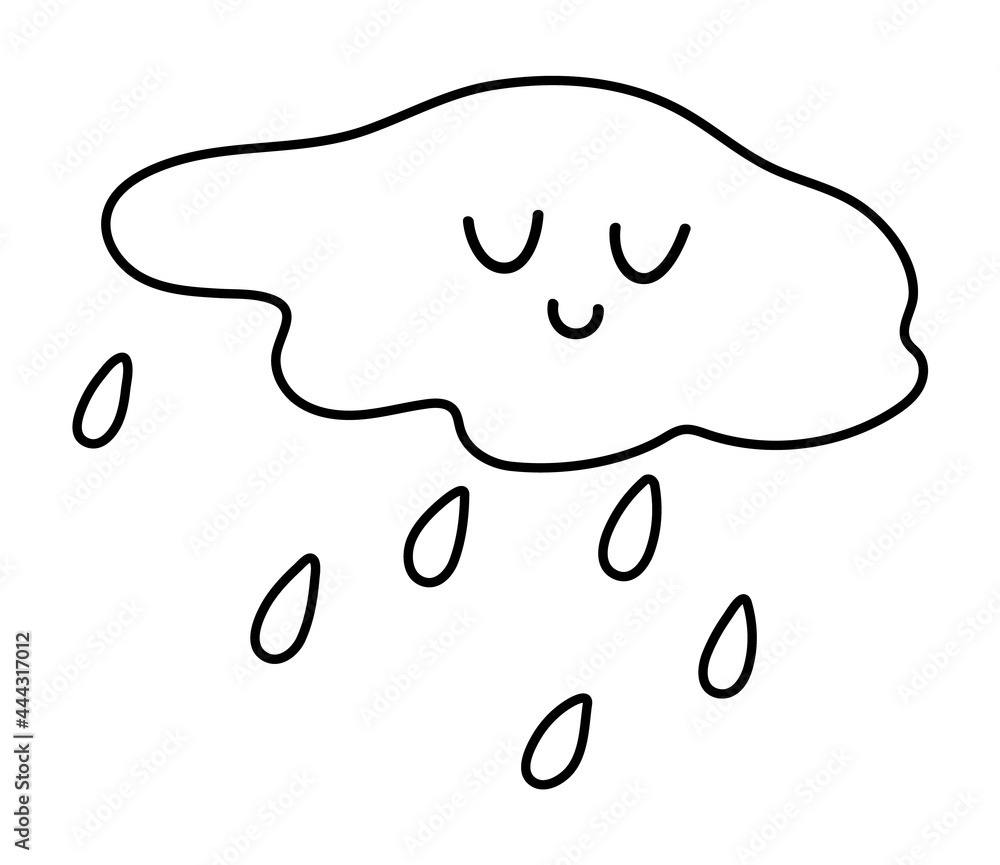 Cute black and white smiling cloud with rain drops. Vector outline autumn weather character isolated on white background. Fall season kawaii line icon for print, sticker, postcard. . Cute black and white smiling cloud with rain drops. Vector outline autumn weather character isolated on white background. Fall season kawaii line icon for print, sticker, postcard. .