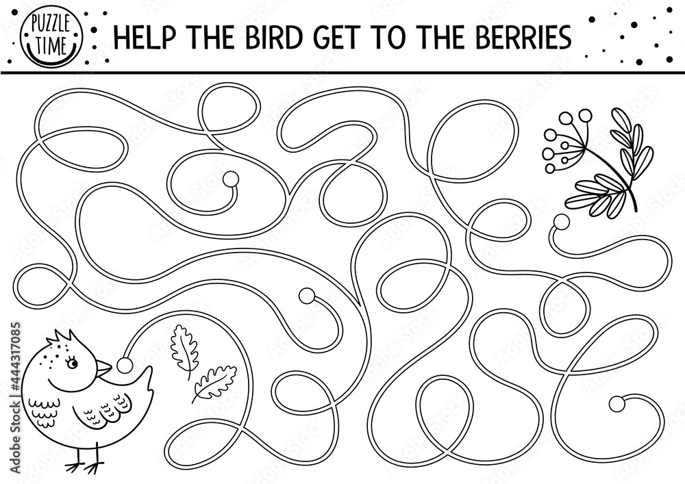 Autumn black and white maze for children. Preschool printable activity or coloring page. Funny fall season puzzle with cute woodland animal. Help the bird get to berries. Forest line game.