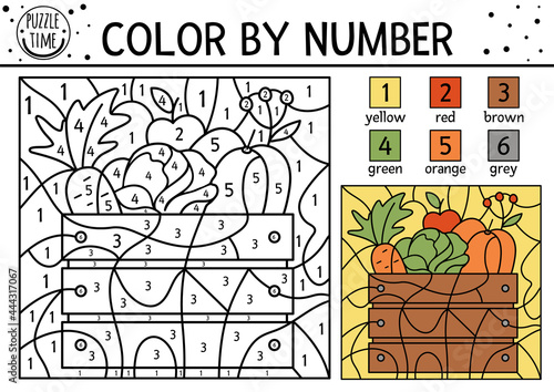 Vector autumn color by number activity with harvest in wooden box. Fall, Thanksgiving Day or garden coloring and counting game with vegetables. Funny coloration page for kids. .