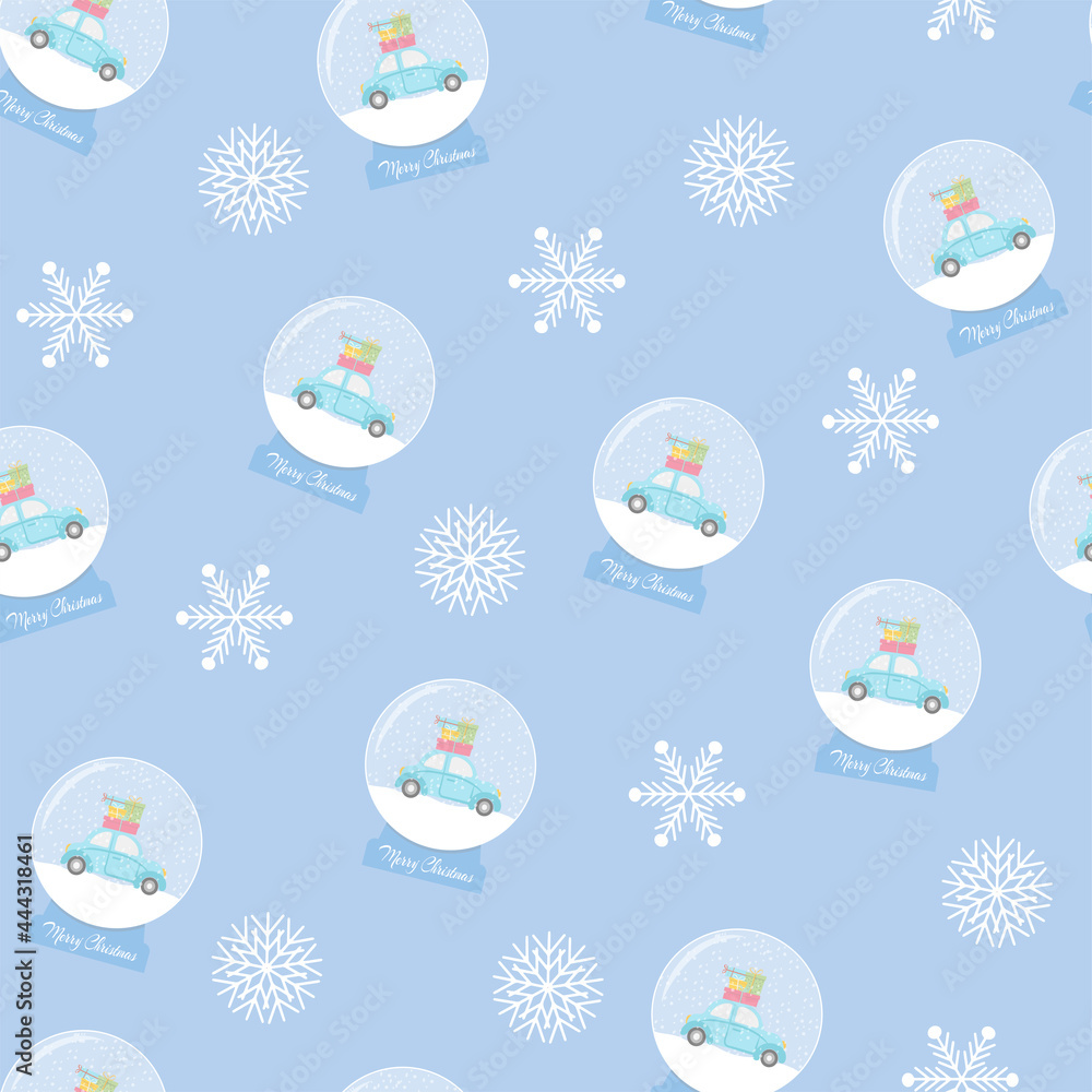Winter elements seamless pattern. Snow ball with car and gift boxes inside, snowflakes. Merry Christmas concept.