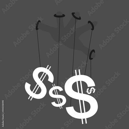 Invisible hand - economy, finance, business, trade and market of US dollar is ruled, controlled and manipulated by palm. Vector illustration.
