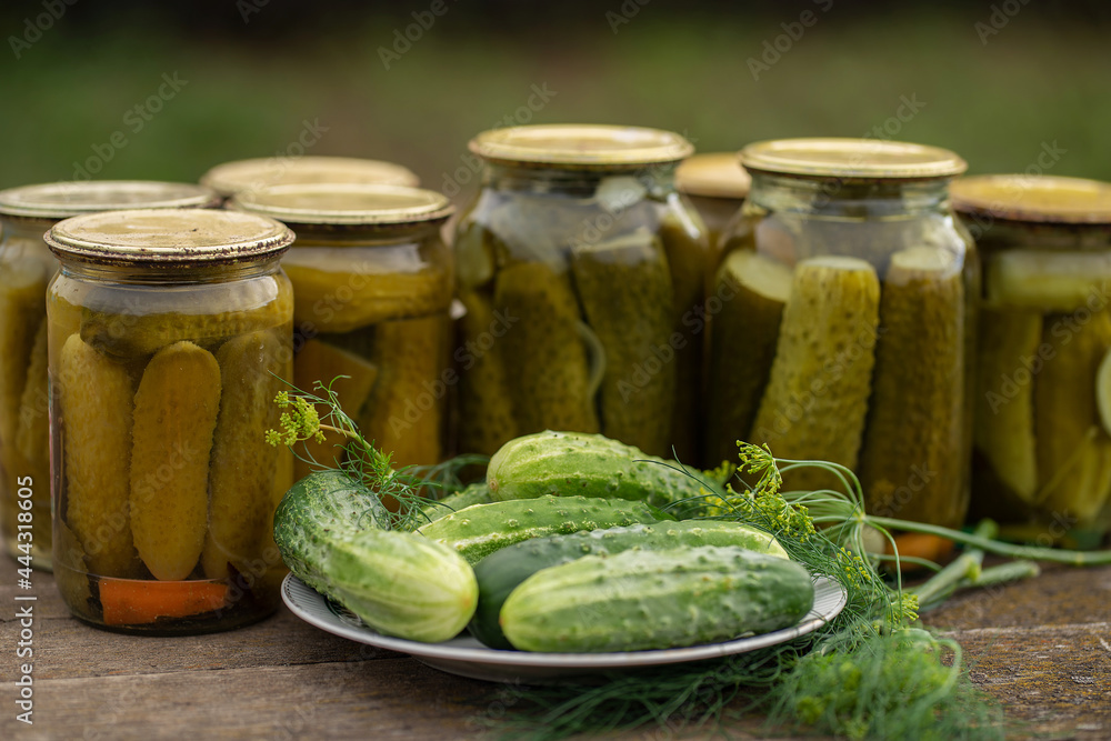 Glass jars with canned cucumbers in a rustic style on a wooden table. Plate with fresh cucumbers and dill Glass jars with canned cucumbers in a rustic style on a wooden table. Plate with fresh cucumbers and dill
