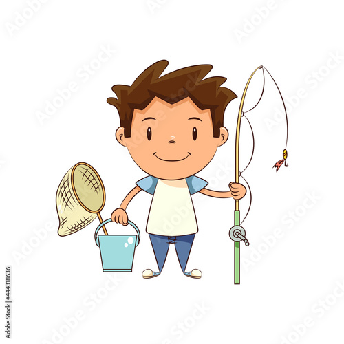 Child holding fishing rod, happy cute kid
