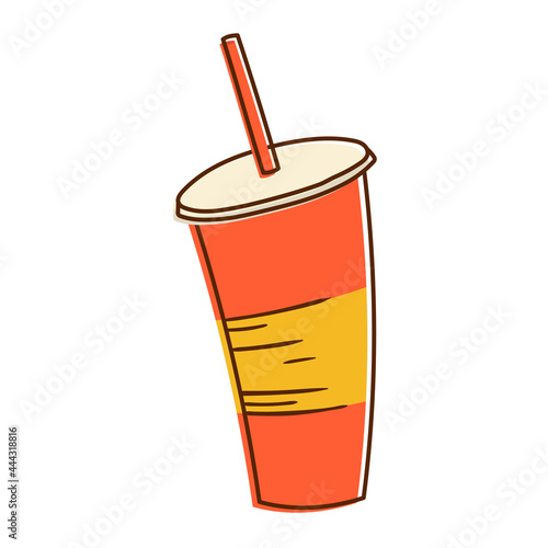 Simple vector isolated illustration. Disposable paper glass for soda, juice or soft drinks with a straw. Summer doodle sticker.