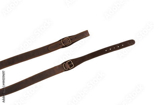 Shotgun strap. Leather belt with metal buckle. Isolate on a white back