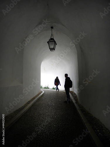 Graphic Shadow of people silhouette in the tunnel walkway of Český Krumlov castle