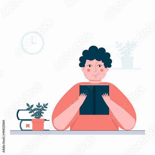 The concept of reading a book at home. Poster of the World Book Day with a person. A person is reading a book at home. Read more books. Vector illustration