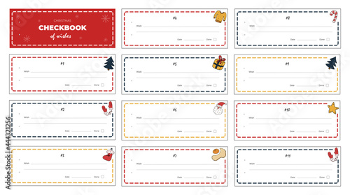 Christmas checkbook of wishes. Blank wish checks in Christmas colors with cute holiday cliparts. Empty checkbook page template. Ready for print. Perfect gift for a child, colleges, family, friends.