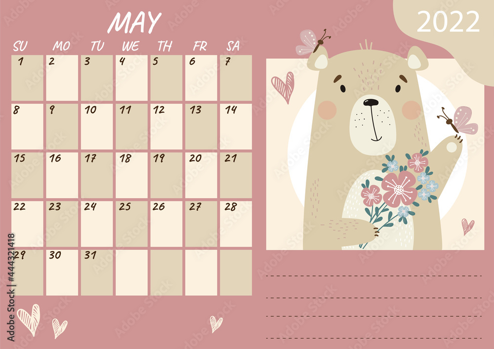 May 2022 Planner Calendar Template. Cute happy teddy bear with a bouquet of  flowers and butterflies. Vector illustration. Week from Sunday. Stationery  for design and printing Stock Vector | Adobe Stock