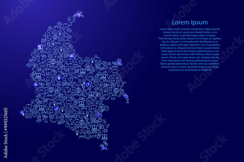 Colombia map from blue and glowing stars icons pattern set of SEO analysis concept or development, business. Vector illustration.