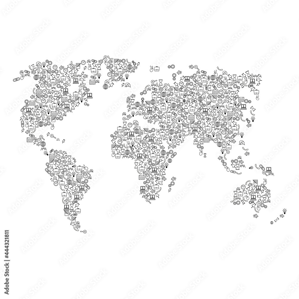 Fototapeta World map from black pattern set icons of SEO analysis concept or development, business. Vector illustration.