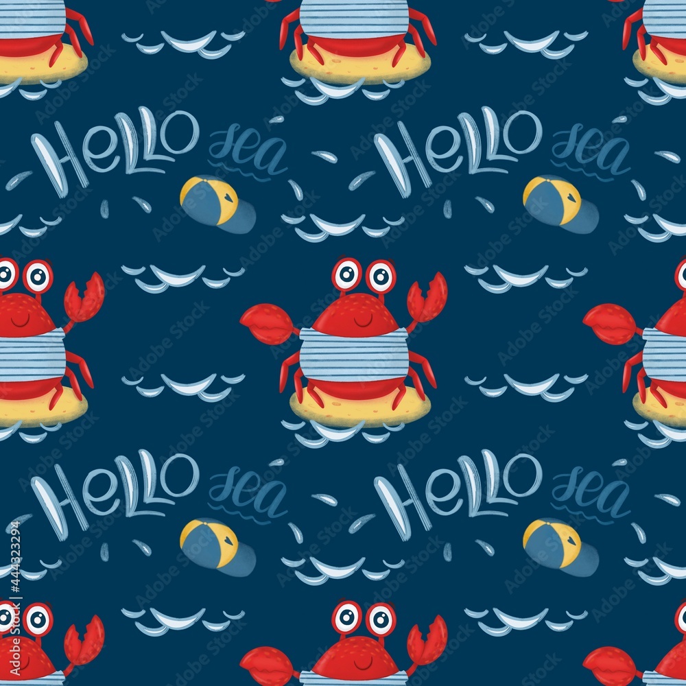 Pattern crab on holiday on sea waves with cap Pattern crab on holiday on sea waves with cap