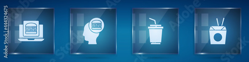 Set Online ordering burger delivery, and, Paper glass with water and Asian noodles chopsticks. Square glass panels. Vector