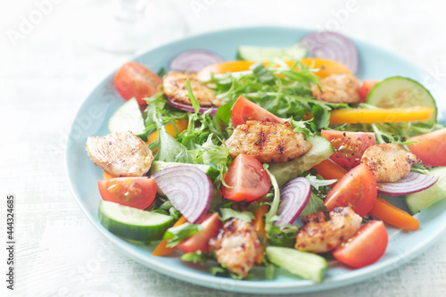 Healthy Salad with Chicken Breast, Cherry Tomatoes, Cucumber, Orange Pepper, Endive and Red Onion. Close up. 