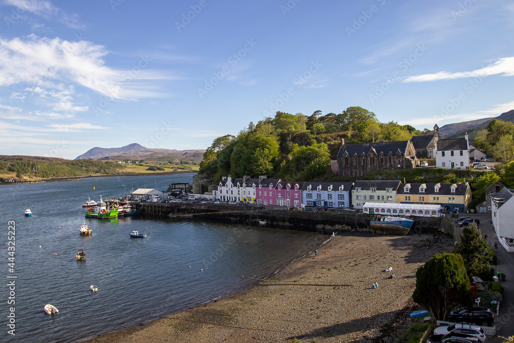 The colourful houses of Portree Harbour on the Isle of Skye, Scottish Highlands, UK