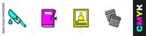 Set Bloody knife, Police station folder, Wanted poster and Plastic bag with ziplock icon. Vector
